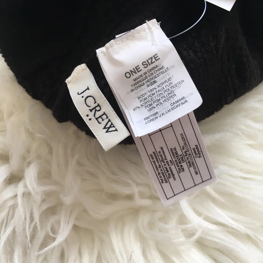 J. Crew Faux Fur Pom Pom Black Beanie Hat
